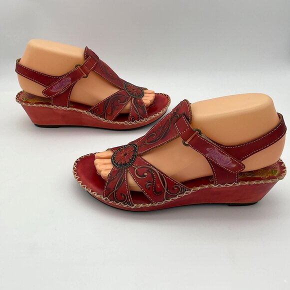 Spring Step L'ARTISTE Dinora Red Floral Wedge Stitched Imprinted Sandal  39/8.5 - Picture 4 of 11
